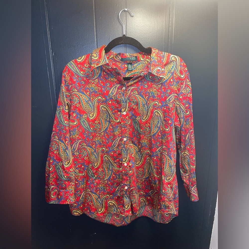 Lauren Ralph Lauren Blouse Shirt Top Red Paisley Button Down Long Sleeve Size XL